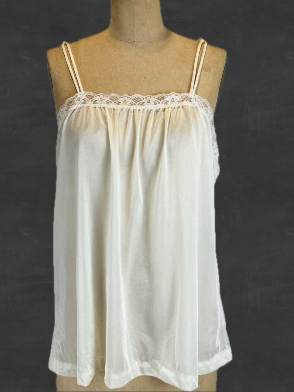 VINTAGE 80s nylon silky cami camisole tank top slip layer lace spaghetti straps